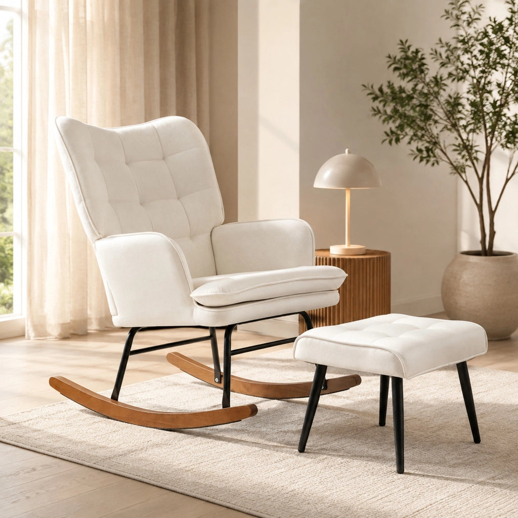 Sedia a dondolo 64x89x90 cm con poggiapiedi e braccioli in poliestere bianco crema