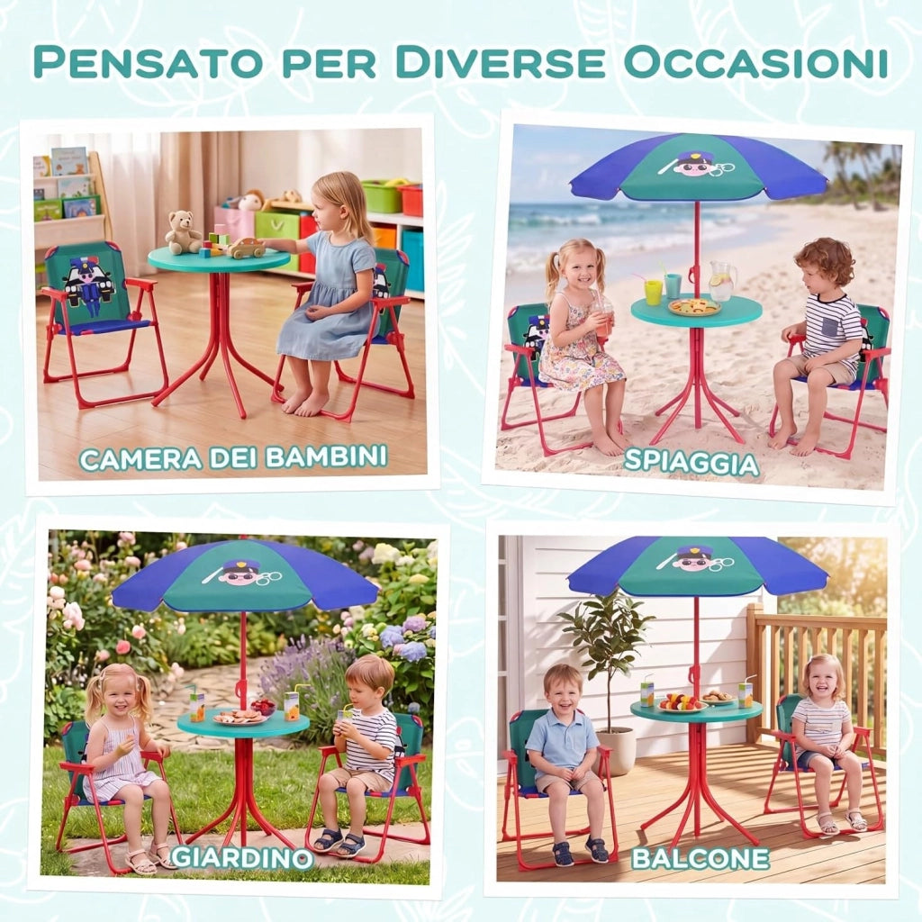Set Tavolo e Sedie da Giardino per Bambini 3+ Anni con Ombrellone | Set da Esterno 4 Peezi Regolabile in Altezza con Tavolino Rotondo, 2 Sedie Pieghevoli e Ombrellone per Campeggio e Picnic