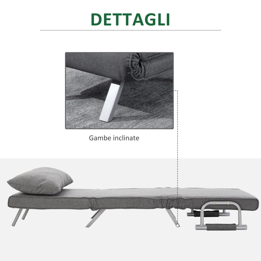 Poltrona Letto Singola con Schienale Regolabile su 5 Livelli e Cuscino, in Tessuto, Grigio Chiaro