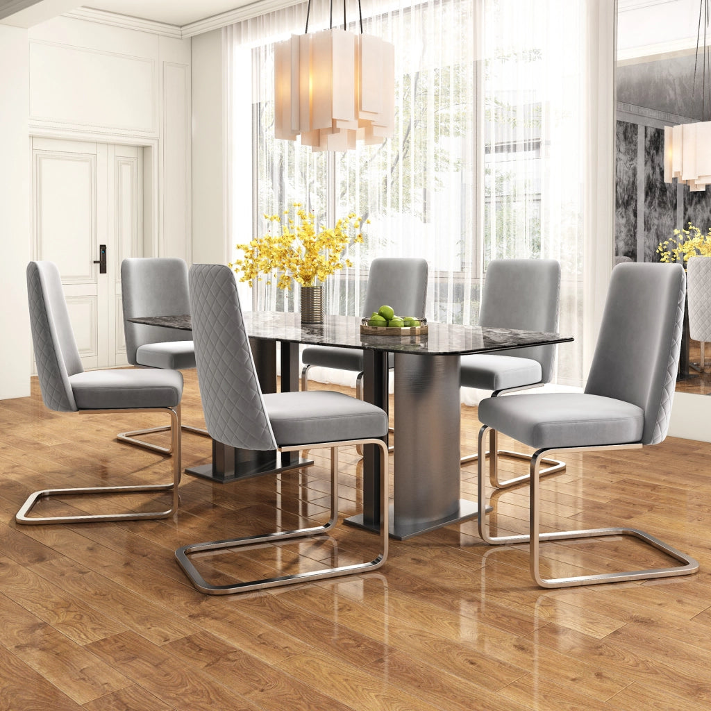 Set di 2 sedie da pranzo in velluto grigio con gambe in metallo argentato, schienale con design a rombi