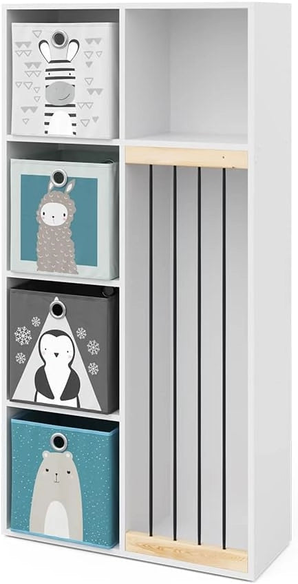 Libreria bambini Marvin, Bianco, 72 x 143 cm con 4 scatole pieghevoli opt.2, adatto per riporre giocattoli e libri