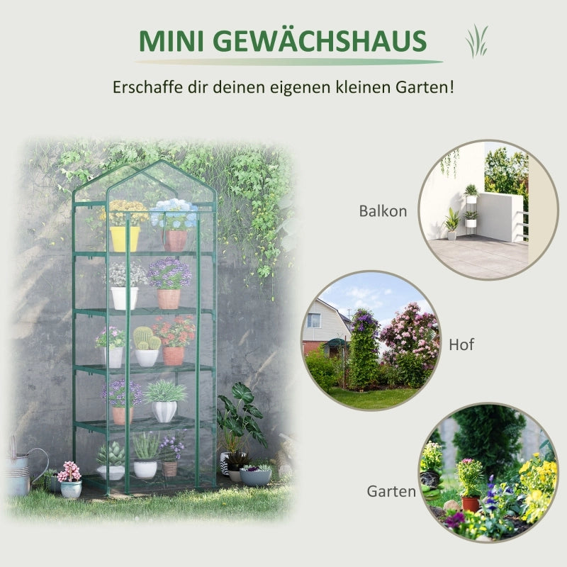 Mini serra in alluminio con 5 ripiani per la coltivazione di fiori o ortaggi, trasparente e verde, in acciaio e plastica, 69 x 49 x 193 cm