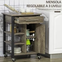 Carrello da Cucina Portavivande con Cassetto, Mensole, Armadietto e 4 Ruote, Legno Truciolare, 60x50x84.5cm, Quercia