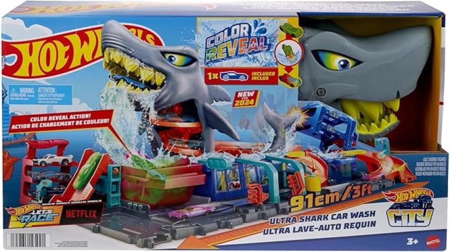 Hot Wheels `Let`s Race` Netflix - Mega Squalo Autolavaggio, Pista con Rullo di Schiuma e cancelli mobili, Funzione Cambi