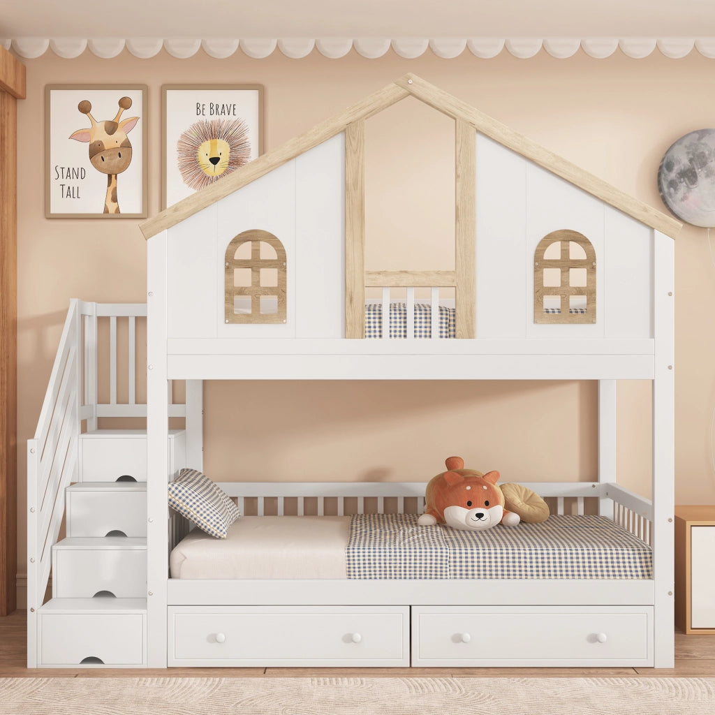 Letto a Castello 90x200 cm; Letto 2 Posti - Finestre; 2 Cassetti; Scala - in Legno Massello e MDF - Bianco e Naturale