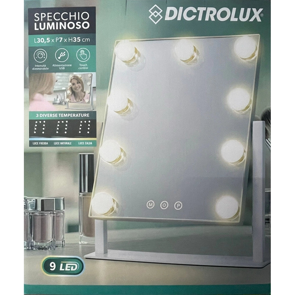 Trade Shop - Specchio Luminoso 9 Led Touch Dimmerabile Usb Design Stile Hollywood 3 Temperature Di Luce -