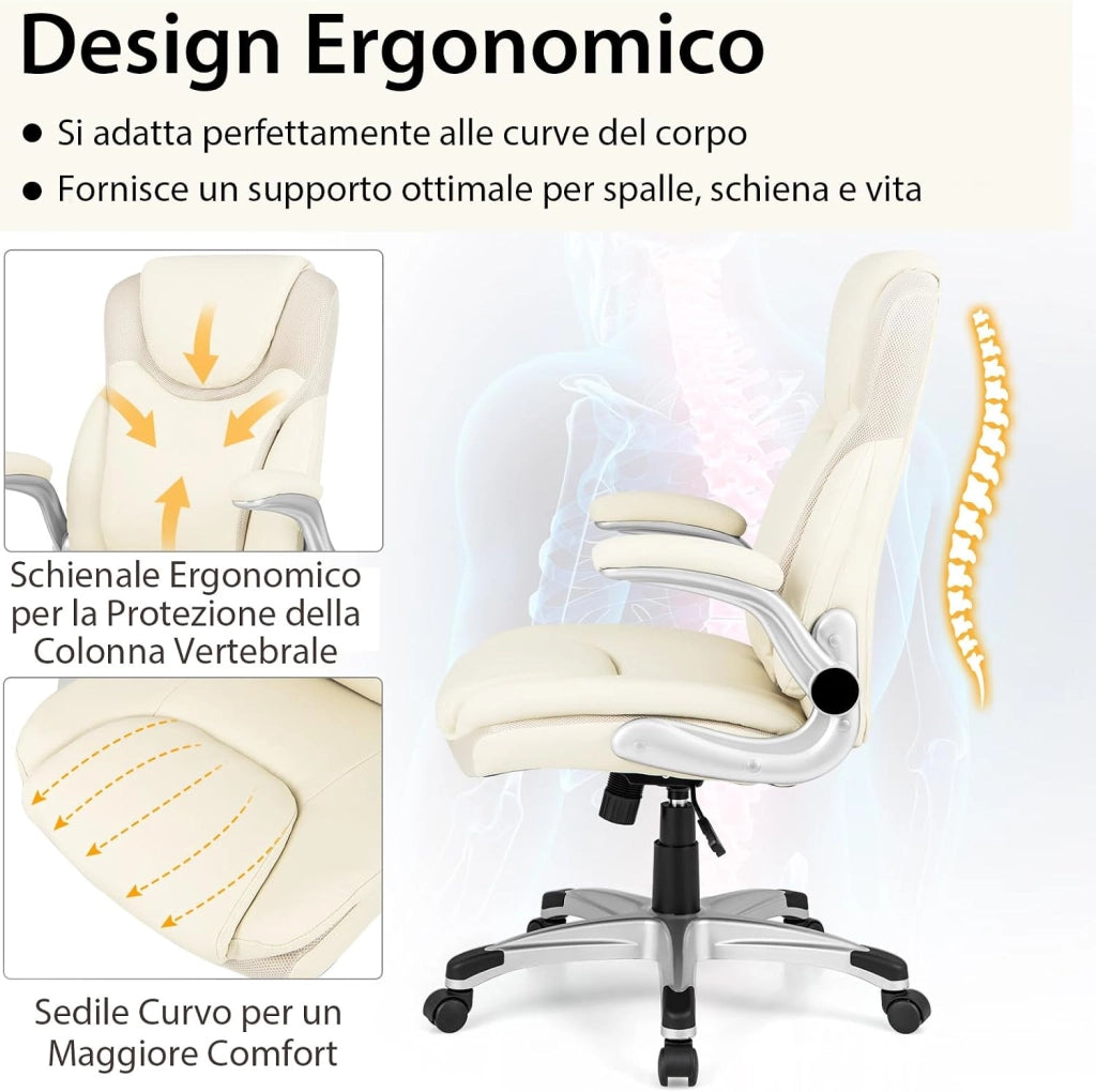 Sedia da Ufficio Girevole, Sedia da Scrivania in Ecopelle con Funzione Dondolo e Altezza Regolabile, Sedia con Ruote per Ufficio e Studio, Carico Massimo 160 kg