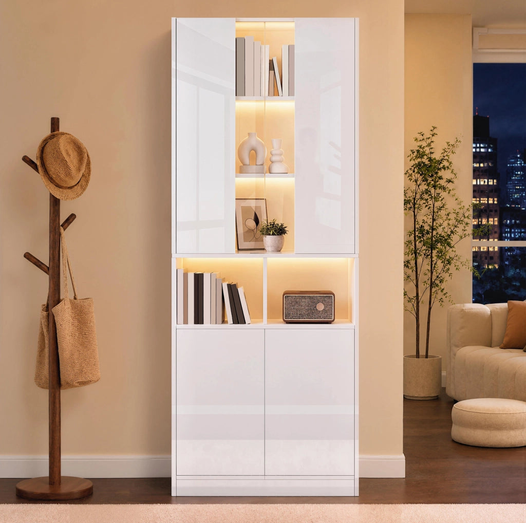 Hochschrank bianco 70x35x180 cm con LED; finestra in acrilico e ripiano regolabile