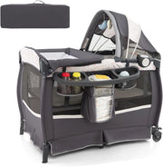 4 in 1 Lettino da Campeggio con Fasciatoio, Lettino Pieghevole per Bambini con Materasso, Centro Neonati con Culla, Box Musicale, Cappottina Regolabile, Borsa da Viaggio (Fiore Piccolo)