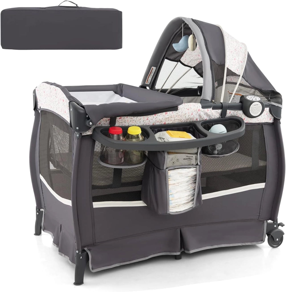 4 in 1 Lettino da Campeggio con Fasciatoio, Lettino Pieghevole per Bambini con Materasso, Centro Neonati con Culla, Box Musicale, Cappottina Regolabile, Borsa da Viaggio (Fiore Piccolo)