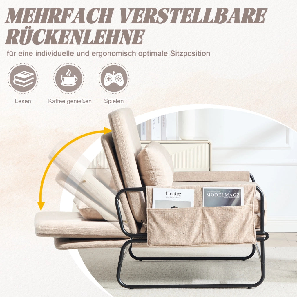 Divano letto 2 posti trasformabile in chenille kaki con struttura in metallo; 104x85x92 cm