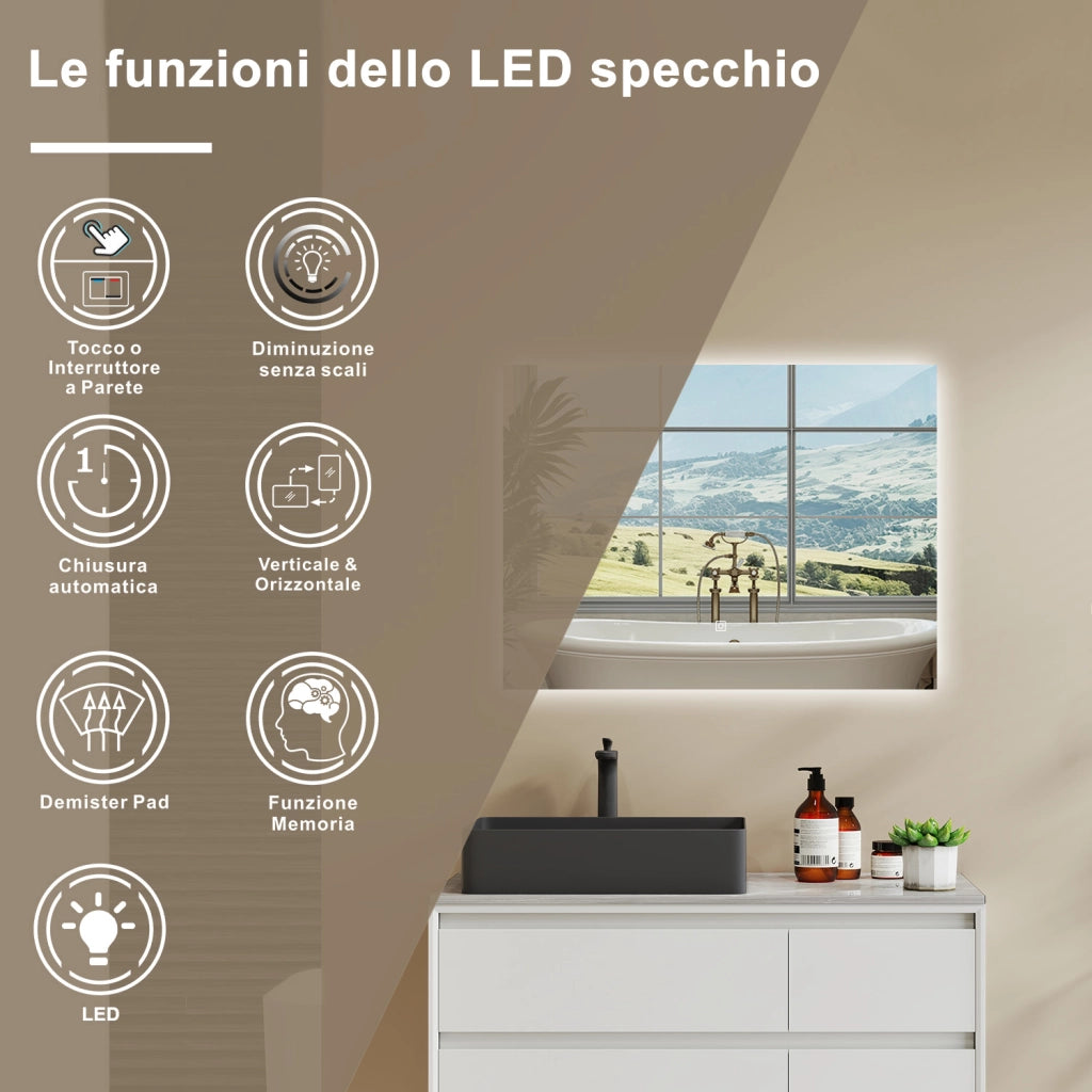 AICA SPECCHIO DA BAGNO CON LED, 80x60cm, Disappannamento, Funzione Memoria, Infinitamente Dimmerabile