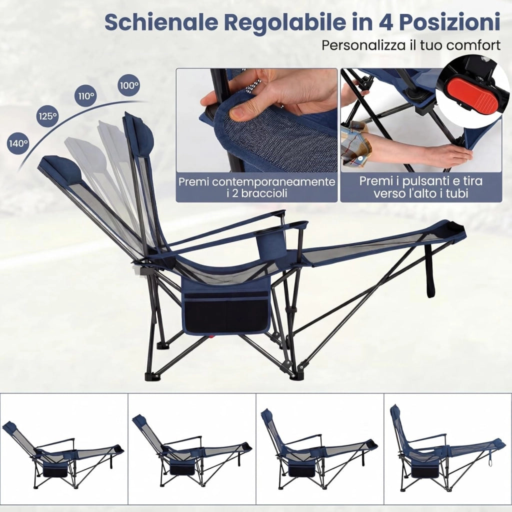 Sedia da Campeggio con Poggiapiedi Rimovibile, Poltrona Pieghevole con Schinale Reclinabile, Braccioli e Portabicchieri, Portata 150 kg, Sdraio in Testtuto Oxford per Giardino Spiaggia (Blu)