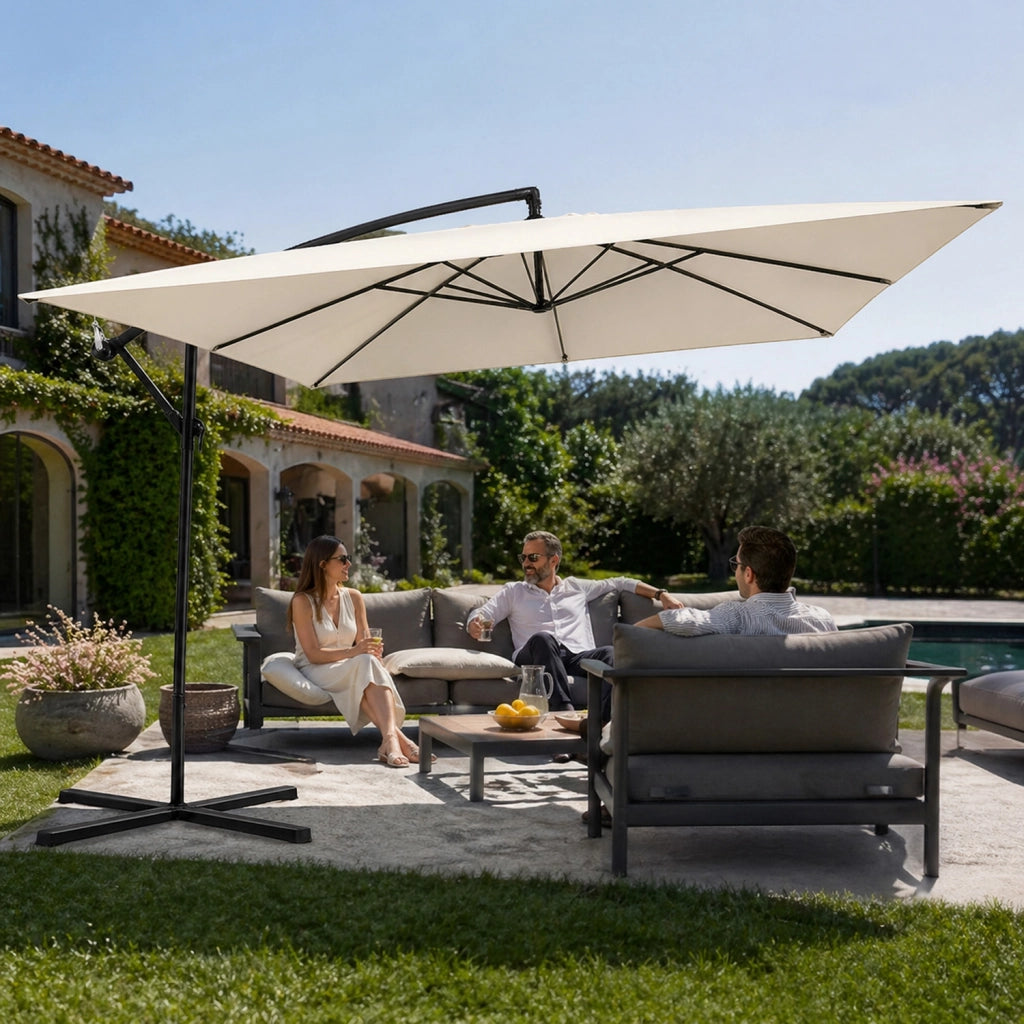 Ombrellone Decentrato Con Braccio Laterale Apertura A Manovella Telo Impermeabile UV30+ Camino Ventilazione Da Esterno 3 x 3 x 2.5 M Beige