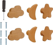 Set di maniglie in legno per camera da letto dei bambini - Maniglie per mobili - Ster Wolk Maan - Decorativo - Set da 6 - Adatto per cassetti, ante e porte - Legno naturale - Decorazione per camera da letto dei bambini