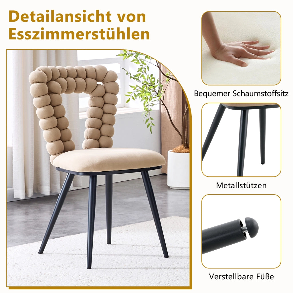Set di 2 sedie da pranzo con schienale geometrico e gambe in metallo per sala da pranzo in velluto camel