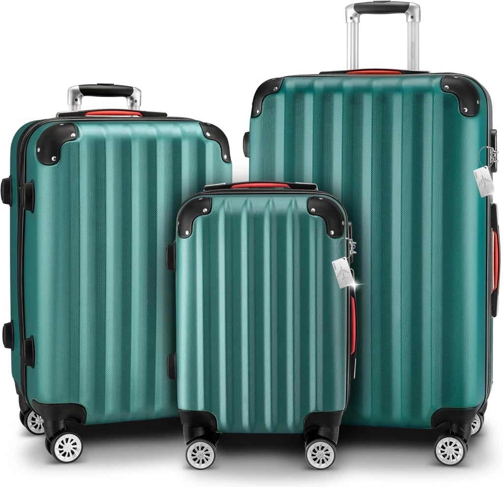 ® Set di Valigie 3 Pezzi con Lucchetto Organizer Cinghia Maniglie Ruote Doppie Piedi Trolley Rigido M-L-XL