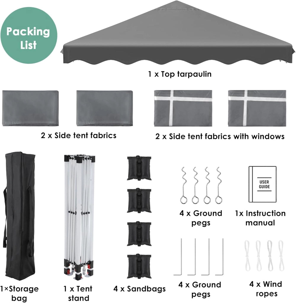 Gazebi Pieghevole con Oxford Tenda Impermeabile, Padiglione Giardino Protezione UV 50+, Tenda per Feste (Grigio), Sacchi di Sabbia 4 PCS