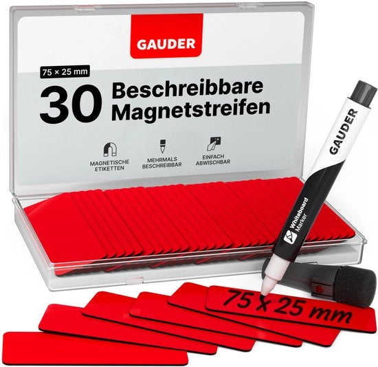 Etichette magnetiche descrittive - piastre magnetiche riciclabili per lavagne, lavagne scolastiche, lavagne Kanban e frigoriferi - cartellini magnetici con pennarelli (30 pezzi - 75 x 25 mm)