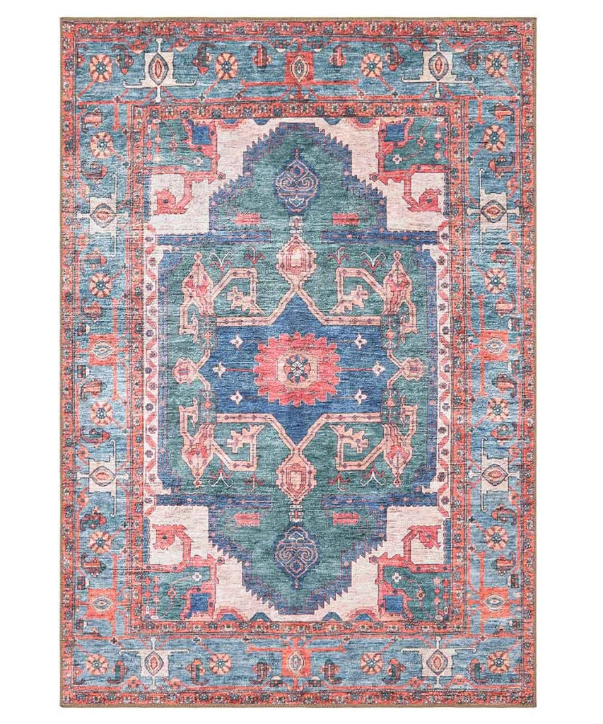 Tappeto arredo casa ORIENTAL SAMARCANDA VERDE BLU cm.95x150 riproduzione disegno persiano classico in stile vintage. Tappeto lavabile per salotto, soggiorno, camera da letto e ingresso.