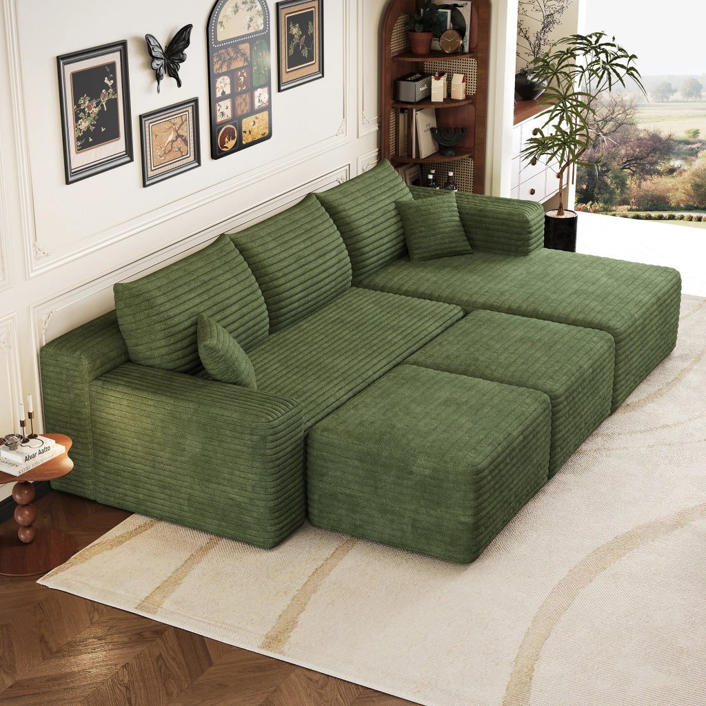 Divano ad angolo modulare in tessuto effetto velluto con seduta profonda, senza montaggio, per soggiorno, verde
