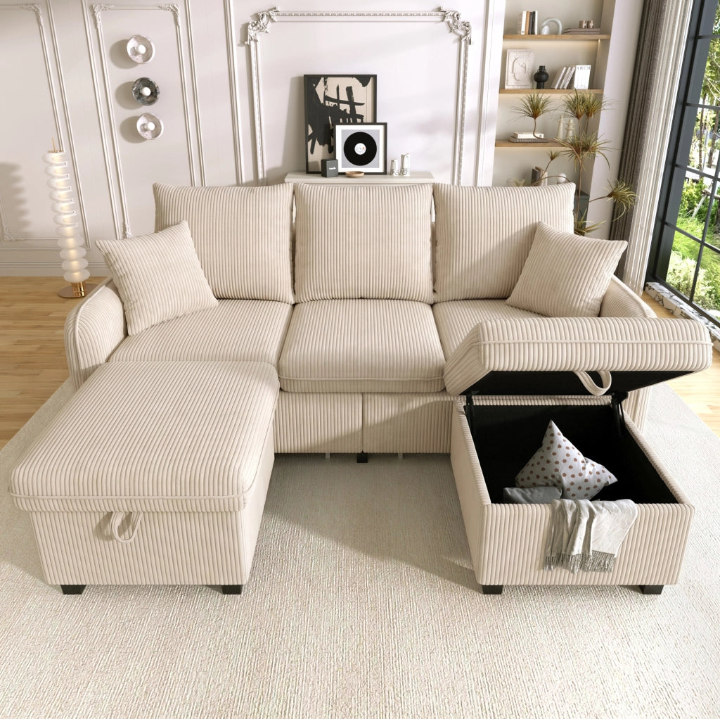 Divano 3 posti modulare con 2 pouf contenitore; tessuto cord beige; 188x186x86 cm