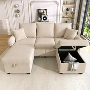 Divano 3 posti modulare con 2 pouf contenitore; tessuto cord beige; 188x186x86 cm