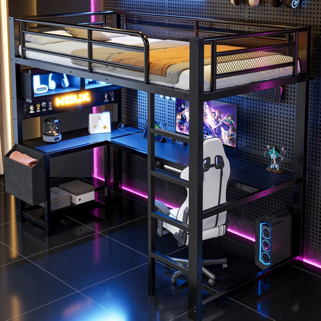 DESMIU Letto a soppalco 90 × 200 cm 1 posto con scrivania, LED, prese USB, senza materasso, nero