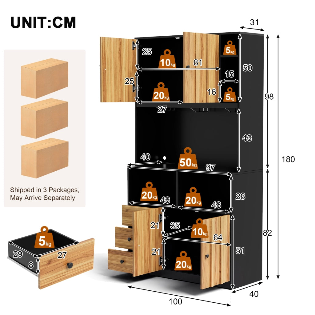 Hochschrank da cucina con vetrina, illuminazione LED RGB, prese integrate e portabicchieri, 100 x 40 x 180 cm