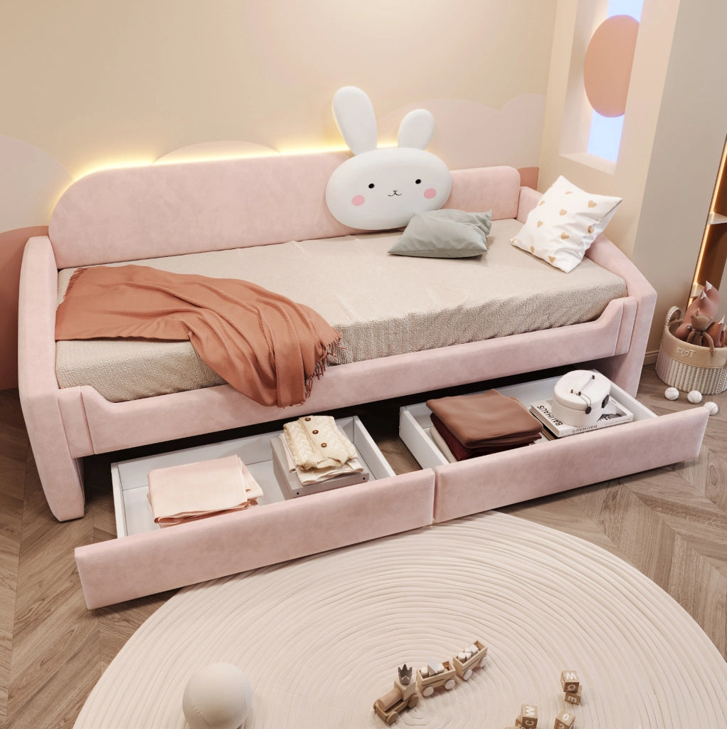 Letto imbottito per bambini 90x200 cm con 2 cassetti; LED; velluto rosa
