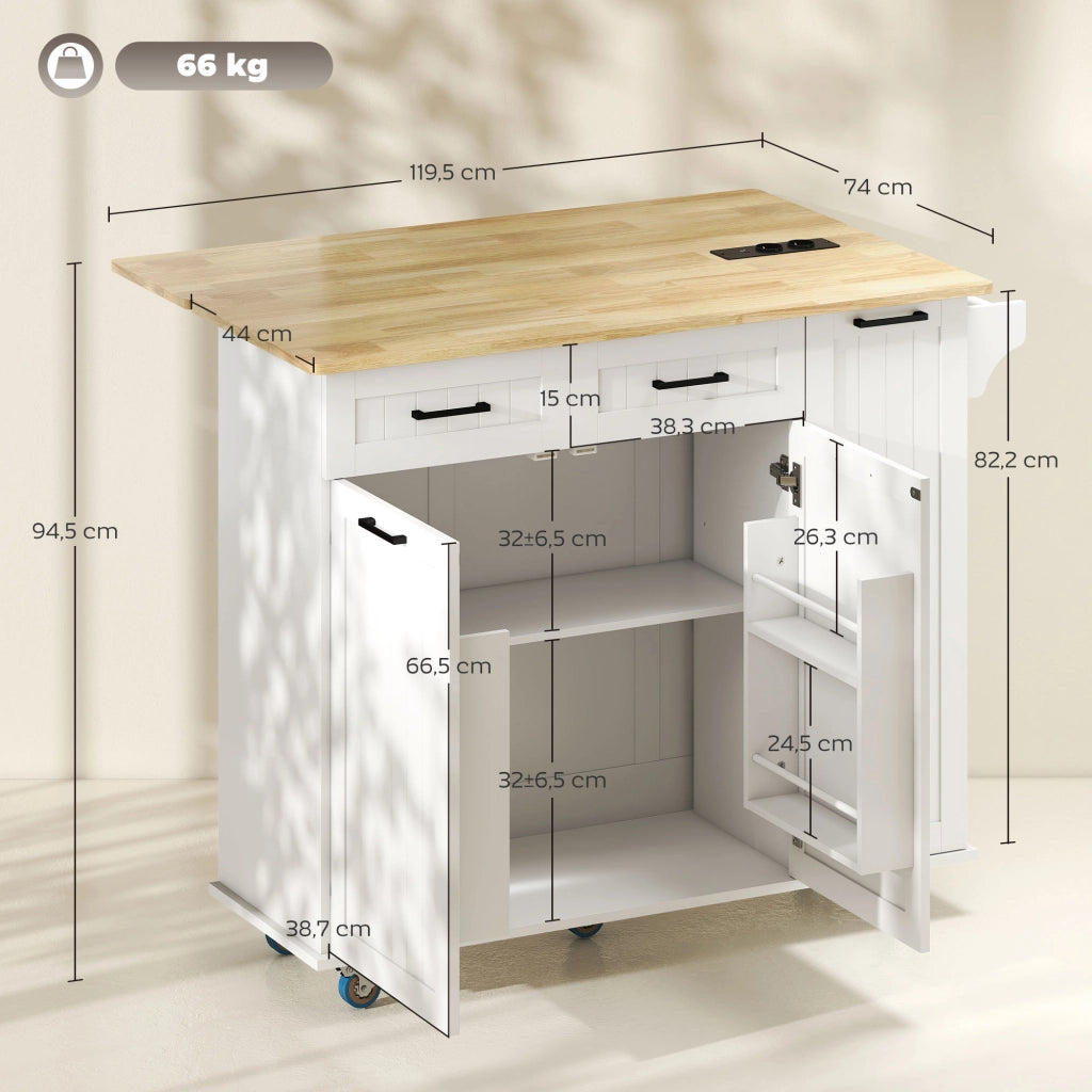 Tavolo da cucina mobile con ripiano pieghevole, 2 cassetti, porta spezie, attaccapanni e presa USB ¨C Zephmum ¨C Bianco 119.5x74x94.5 cm