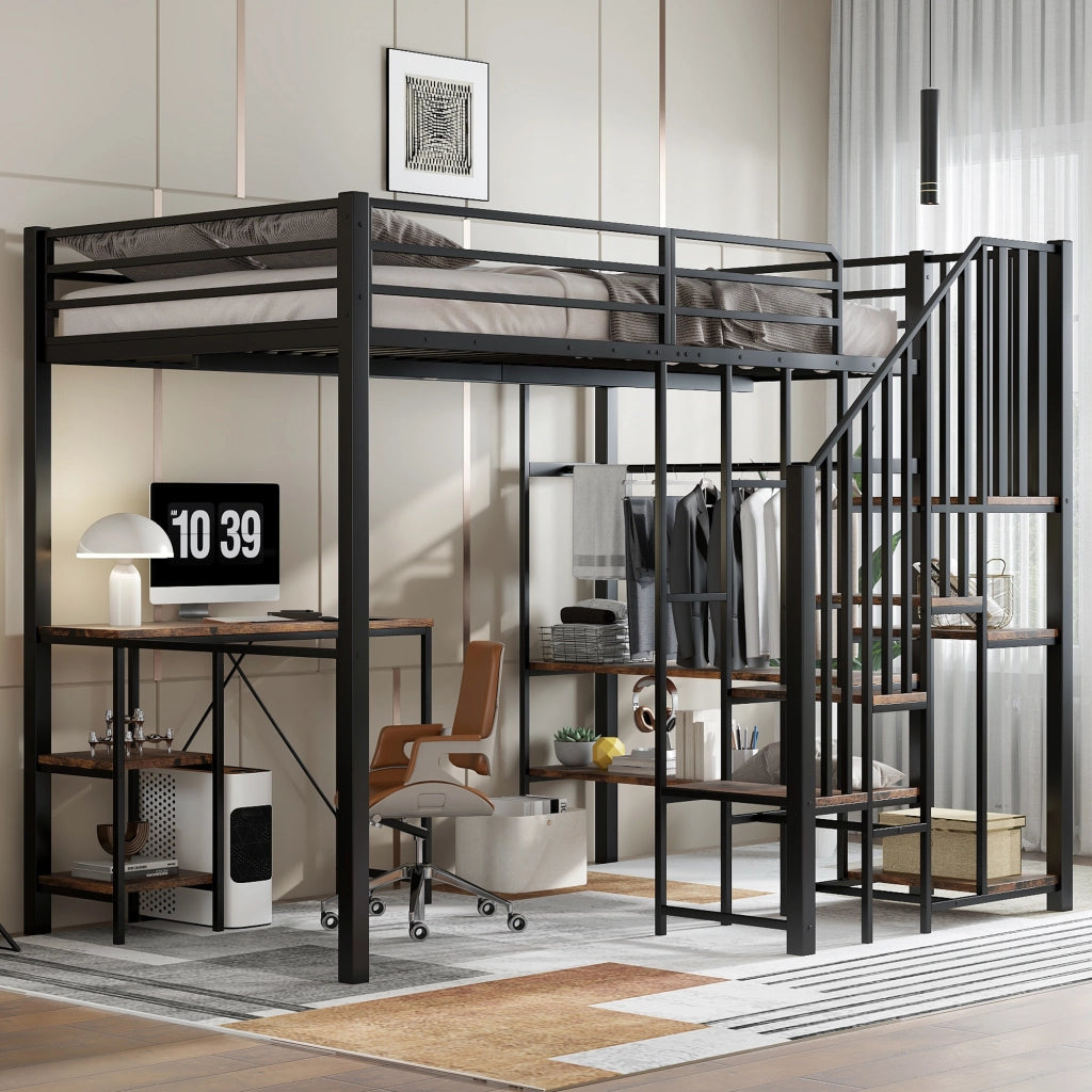 OKWISH Letto a soppalco 120×200 cm, Letto Singolo con Scala ad Angolo, Scrivania, Mensole e Armadio Aperto, senza Materasso, Nero