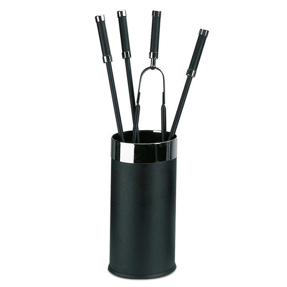 Porta attrezzi camino tondo acciaio nero e cromo 4 accessori h.60 d. 16 cm.  Made in Italy