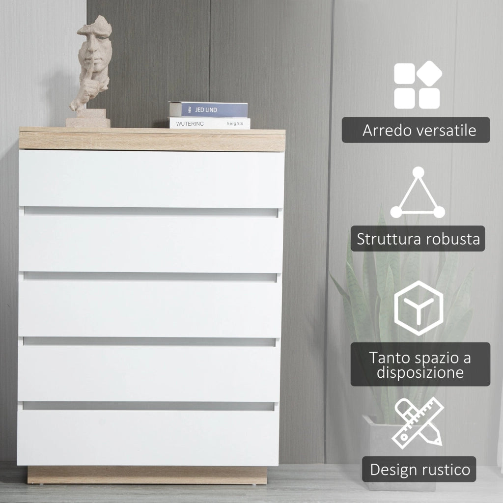 Cassettiera 5 Cassetti Design Minimal 80x40x109 cm Bianco e color Rovere