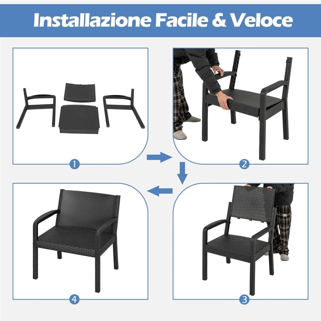 Tavolino e 2 Sedie in Rattan PP da Balcone, Set Giardino con Tavolino Quadrato e 2 Poltrone, Salotto da Esterno per Bordo Piscina (Nero)