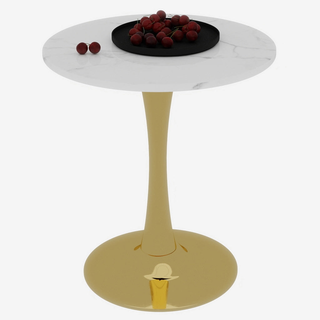 Tavolo da pranzo - rotondo 70 cm - stile mid-century - marmo venato bianco - per 2-4 persone - dorato
