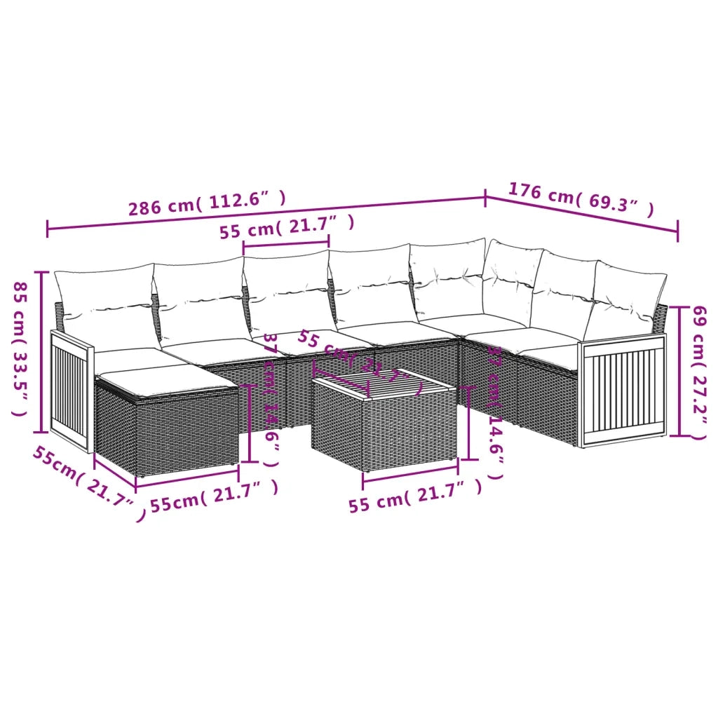 Set Divano da Giardino 9 pz con Cuscini Grigio in Polyrattan 3260338