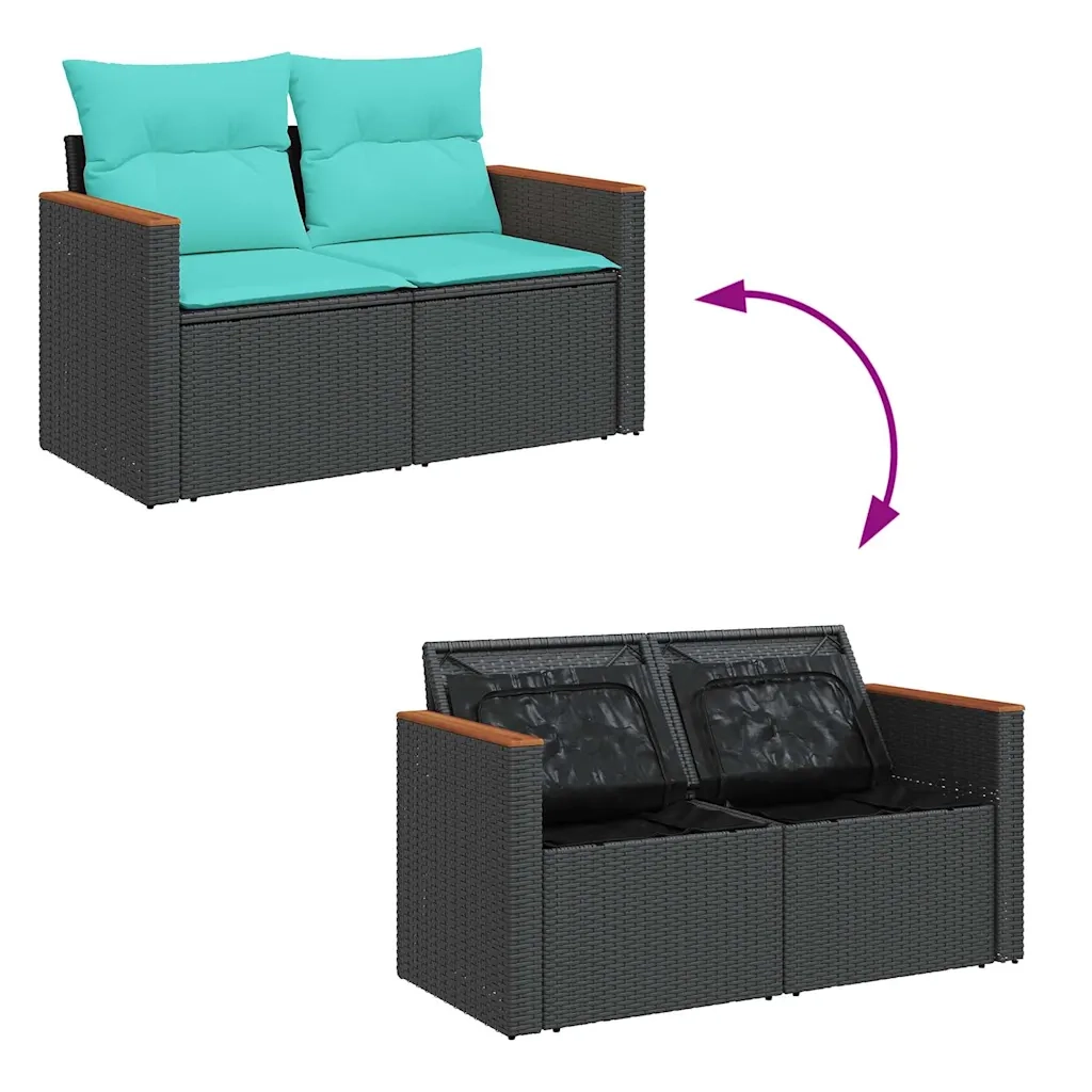 Set Divani da Giardino con Cuscini 7pz Nero Polyrattan