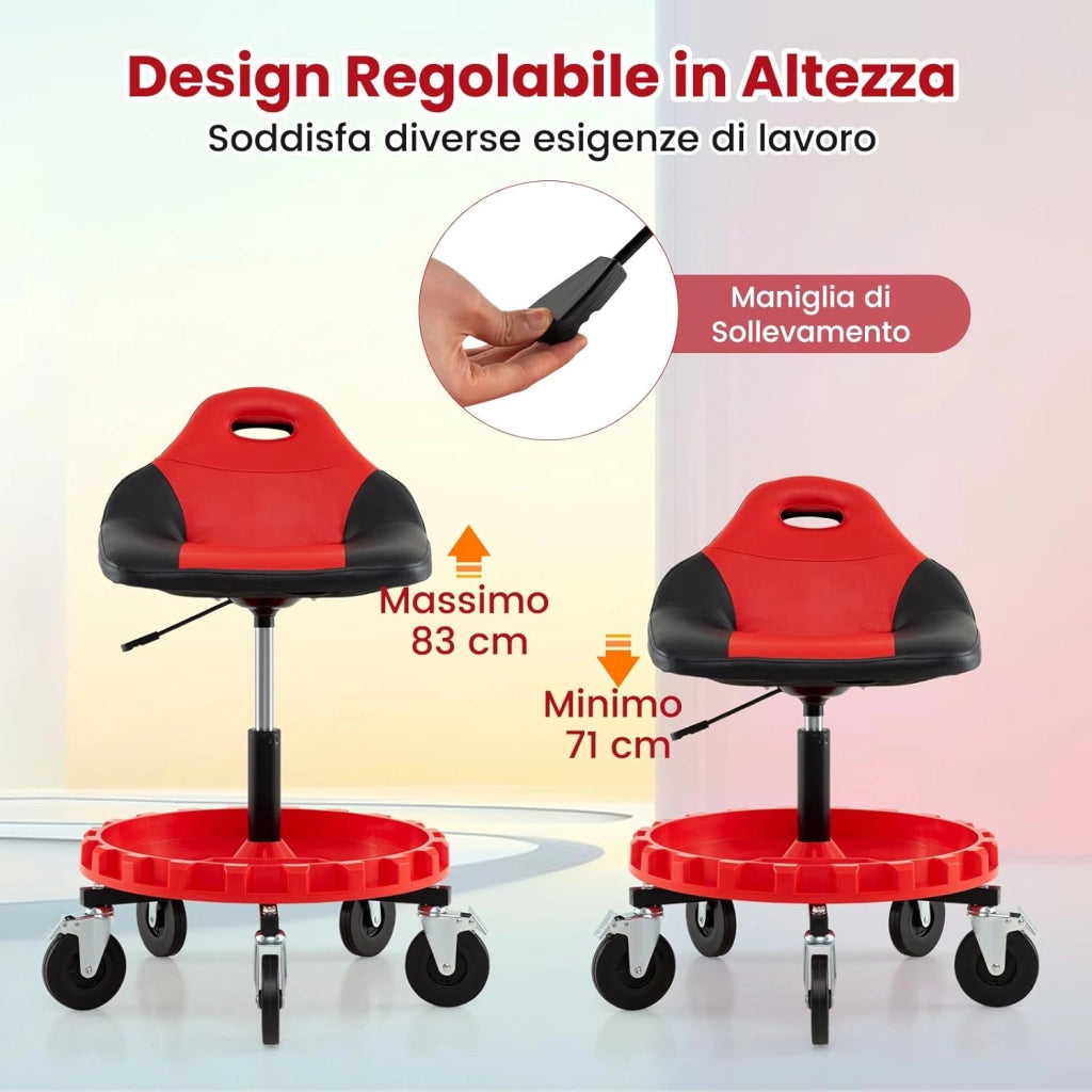 COSTWAY Sgabello da Officina con 5 Ruote, Sedia Meccanico Imbottita con Altezza Regolabile e Vassoio Porta Attrezzi, capacità di 185 kg, per Riparazione Auto, per Garage e Officina