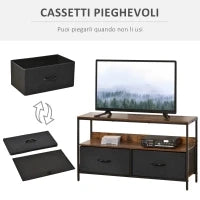 Mobile Porta TV da 47" con Cassetti Pieghevoli in Tessuto e Mensola, Mobiletto TV in Metallo e MDF, 98x29x56cm, Marrone Rustico