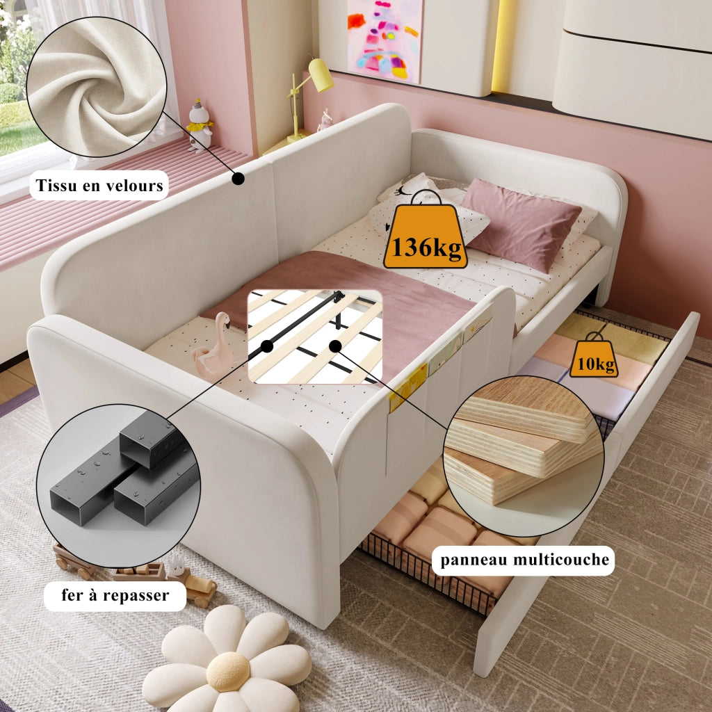 Letto affiancabile per bambini con 2 cassetti su ruote e 3 tasche; velluto bianco; 90x200 cm; senza materasso