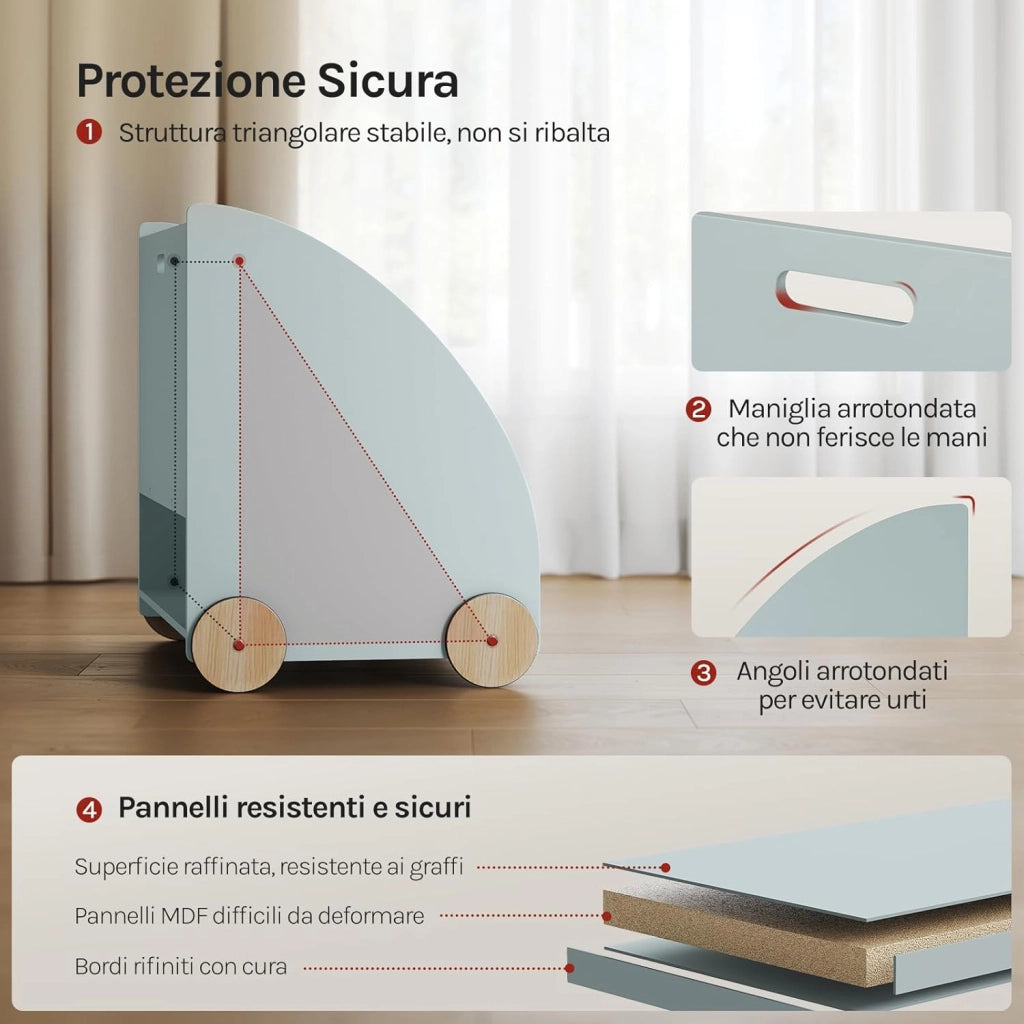 Libreria Piccola in Legno per Bambini, Scaffale Porta Giochi con Contenitore e Ruote, Organizzatore per Cameretta, Grigio 62x42x57cm