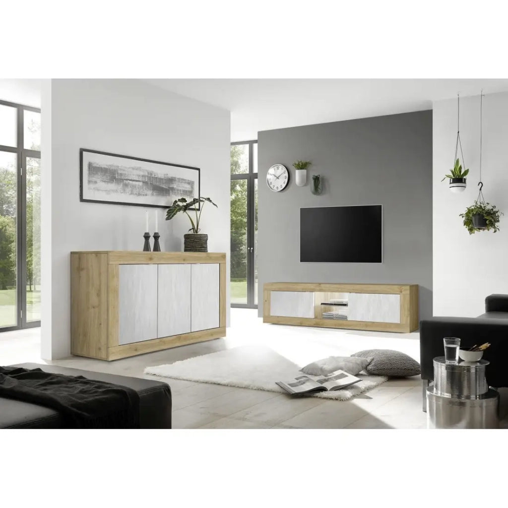 Mobile TV con 2 porte senza illuminazione ACCESS. Colori bianco e rovere chiaro.