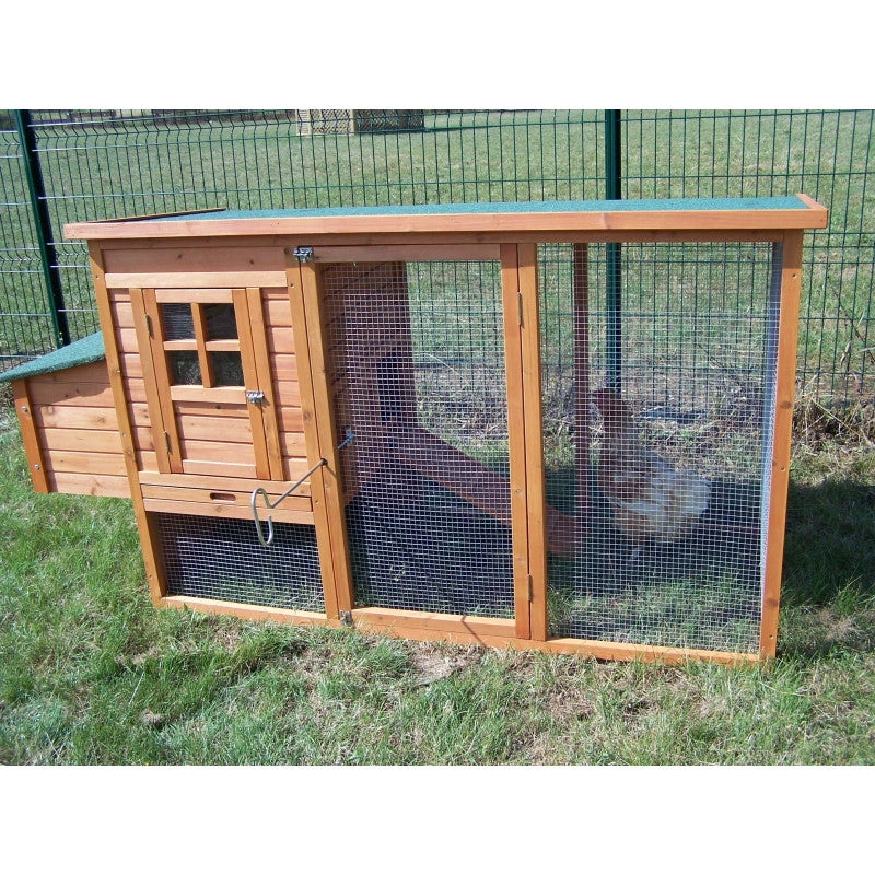Pollaio da giardino compatto in legno 198x75 cm – per 3-4 galline – pareti 10 mm con voliera e nido di cova – PO2070 Foresta