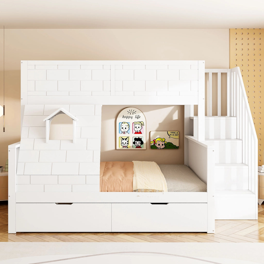 Letto a Castello 90 × 200 e 140 × 200 cm; 3 Posti con Scala Contenitore e 2 Cassetti; senza Materasso; Bianco