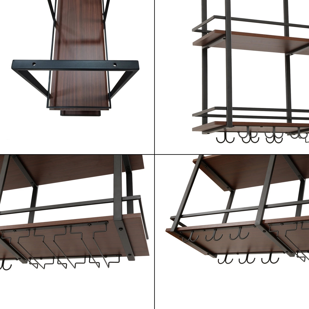 Portabottiglie Sospeso da Soffitto Hubro con Binari per Calici e Ganci per Tazze 100x30x85 cm Nero/Effetto Noce [en.casa]