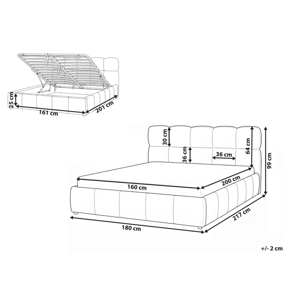 Letto matrimoniale imbottito con struttura a molle a sollevamento trapuntata 160 x 200 beige chiaro con contenitore a molle sollevabile