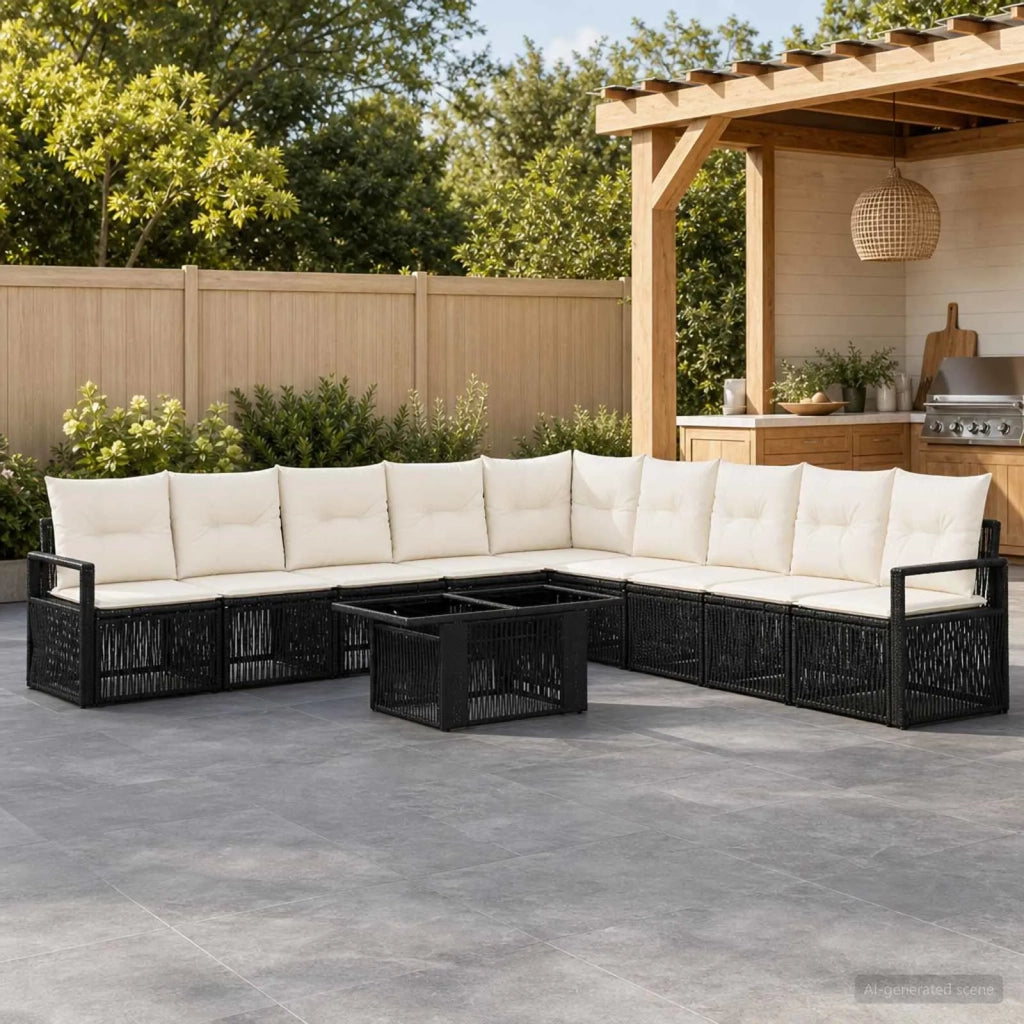Set Divano da Giardino 10 pz Nero e Bianco Crema polyrattan 3437107