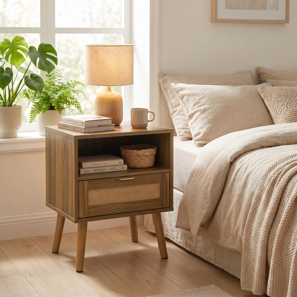 COMODINO in Rattan 45x40x55 cm Noce con Cassetto e Ripiano Aperto