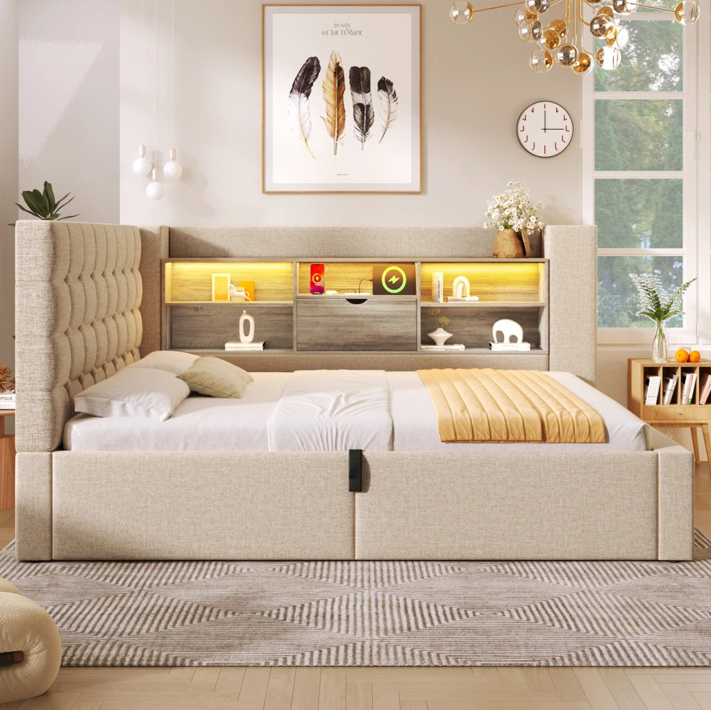 Letto singolo 90x200 cm con contenitore idraulico; LED e porte USB; lino beige